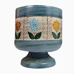 Vaso Cache in ceramica blu con disegno floreale di Jean De Lespinasse, anni '60