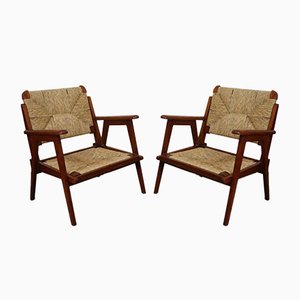 Oak and Straw Armchairs, 1950s, Set of 2