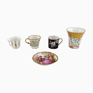 Geschirr & Vase aus handbemaltem Porzellan von Limoges, Frankreich, 5er Set