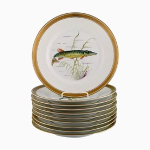 Platos de pescado de porcelana con peces pintados a mano de Royal Copenhagen. Juego de 10