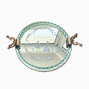 Italian Etched Mirror Glass & Brass Tray by Barovier & Toso, 1950s