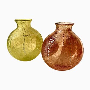 Big Vintage Italian Yellow & Orange Murano Glass Vases with Silver Leaf, 2004, Set of 2