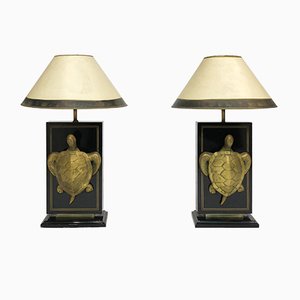 French Hollywood Regency Brass Macouba Turtle Table Lamps, 1970s, Set of 2