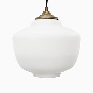 Mid-Century Matte White Opaline Glass Pendant Lamp with Brass Top