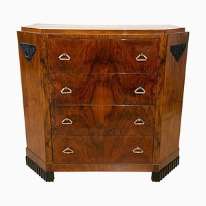 Small Art Deco Commode or Chest, Walnut Veneer and Brass, France, 1930s