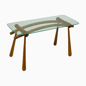 Mesa auxiliar austriaca Mid-Century de madera de haya con tablero de vidrio y cordón de Max Kment