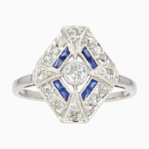 French Art Deco Sapphire Diamonds Hexagonal Ring, 1930s