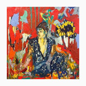 Blue Sari and the Sunflower, Abstract Expressionist Oil Painting, 2020