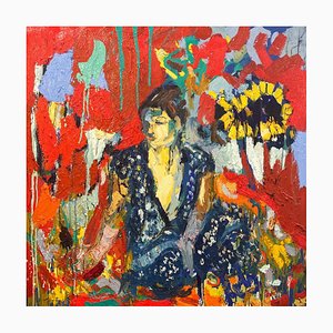 Pintura al óleo abstracta expresionista, Sari azul y el girasol, 2020