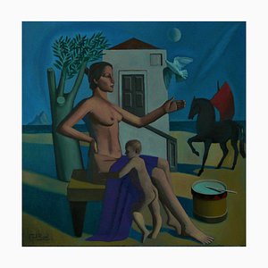 Madre e bambino in un paesaggio arcaico, pittura ad olio figurativa contemporanea, 2018