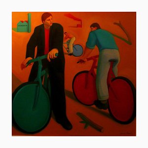 Bicicletas cromáticas, pintura al óleo figurativa contemporánea, 2018