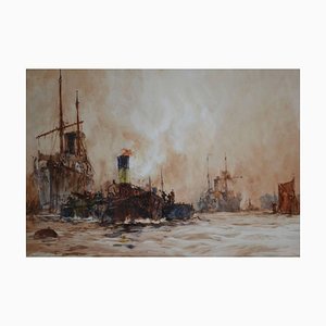 Shipping on the River Thames, London di Charles Dixon, Watercolor, 1891