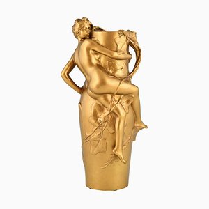 French Art Nouveau Gilt Bronze Vase with Nude and Leaves by Maurice Bouval, 1910