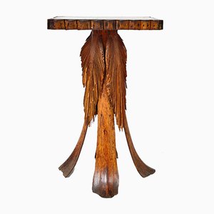 Antique Folk Art Palm Frond Wood Occasional Table with Decorative Tramp Tiki Art