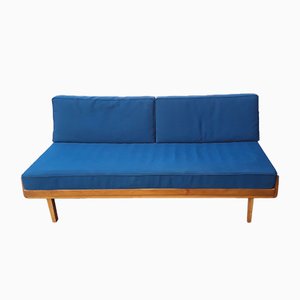 Daybed or Sofa Bed with Yellow-Brown Beech Frame & Blue Upholstery, 1950s