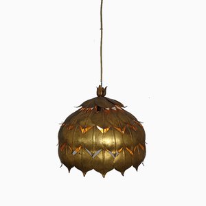 Large French Brass Lotus Ceiling Lamp, 1940s