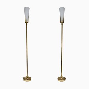 White Frosted Glass Shades on Brass Tall Floor Lamps, Set of 2