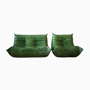 Green Leather Togo Sofa & Lounge Set by Michel Ducaroy for Ligne Roset, 1970s, Set of 2