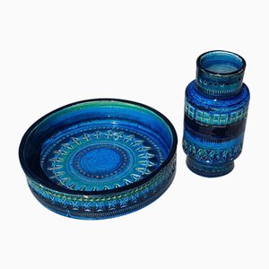 Italian Rimini Blue Vase and Bowl from Bitossi, 1960s, Set of 2