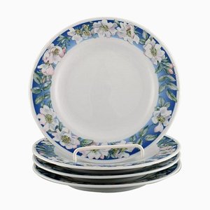 Assiettes Royal Copenhagen Blanches avec Bordure Bleue et Fleurs Blanches, Set de 4
