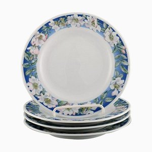 Royal Copenhagen White Rose Plates with Blue Border and White Flowers, Set of 4