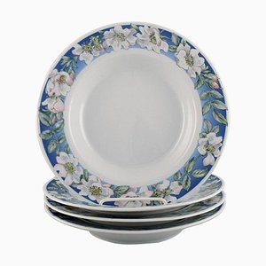 Royal Copenhagen White Rose Deep Plates with Blue Border and White Flowers, Set of 4