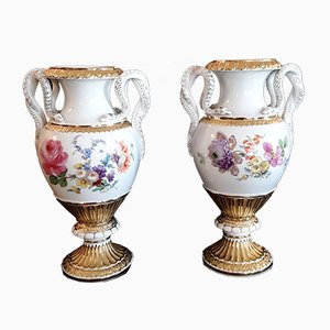 Hand-Painted Vases with Snake Handles and Gold Trim in Meissen Porcelain, 1950s, Set of 2