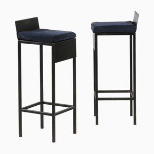 Stools with Steel Frame and Cushions in Dark Blue Velvet, 1980s, Set of 6