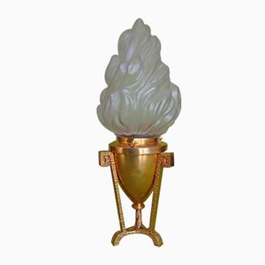 Lámpara de mesa vintage pequeña de bronce con vidrio antorcha