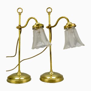 Lampes de Bureau Vintage en Laiton et en Verre Givré, Set de 2