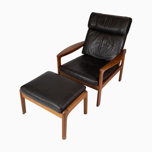 Set of Easy Chair with Stool in Teak Upholstered with Black Leather by Arne Vodder for Komfort