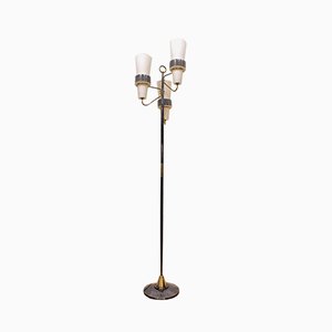 Floor Lamp with Three Heads in Opaline and Brass by Maison Arlus, France, 1950s