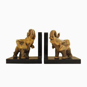 Serre-Livres Éléphant Art Déco en Céramique et Bois, Set de 2