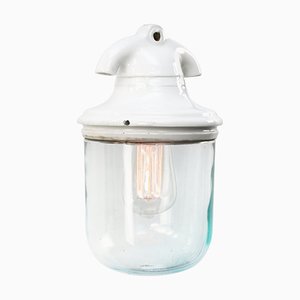 Lampe à Suspension Industrielle Vintage en Porcelaine Blanche & Verre Transparent