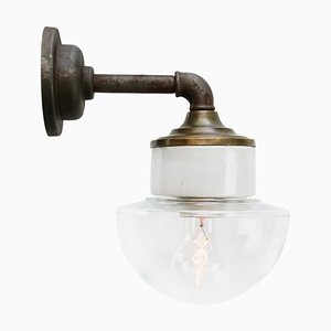 Vintage Klarglas & Messing Wandlampe mit Gusseisen Arm
