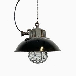 Industrial Black Enamel and Cast Iron Cage Pendant Light, 1950s