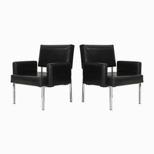 Set of Black Leatherette Armchairs with Stainless Steel Legs, France, 1970s