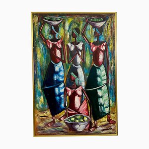 Women Carrying Baskets, 1970s, Oil on Canvas, Framed