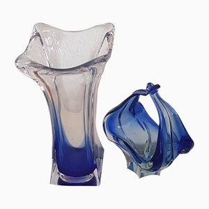 Königsblaue Klarglas Schale und Vase, 2er Set