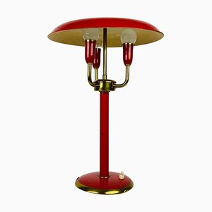 Lámpara de mesa italiana roja con tres brazos, años 60, Italia