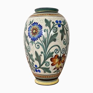 Large Art Ceramic Flower Pattern Vase from Gouda, 1930s