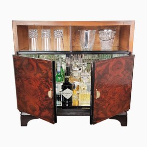 Art Deco Mid-Century Regency Italian Walnut, Burl & Mirror Dry Bar or Cabinet, 1950s