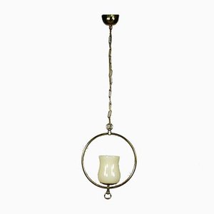 Art Deco Brass Ring Pendant Lamp with Glass Shade on Chain