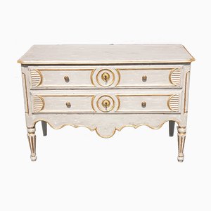 Rustic French Gustavian-Style White, Gray & Gold Patinated Chest of Drawers with Brass Fittings, 19th Century
