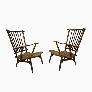Vintage Beech Spindle High Back Lounge Chairs Set from De Ster Gelderland, 1950s, Set of 2