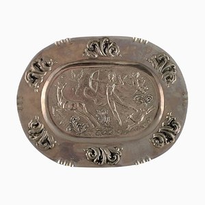 Large Oval Serving Dish in Metal with Classicist Hunting Scene