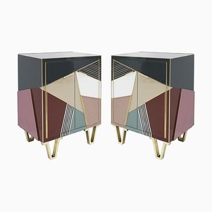 Italian Mid-Century Style Wood, Colored Glass & Brass Sideboards, Set of 2