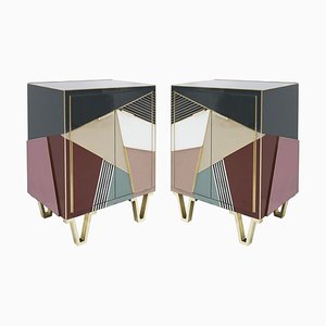 Italian Mid-Century Style Wood, Colored Glass & Brass Sideboards, Set of 2