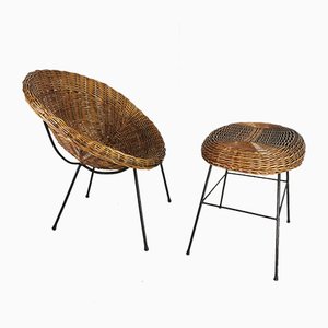 Mid-Century Rattan Armchair and Pouf, Set of 2