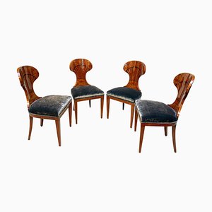 Suite de 4 Chaises Ballon Biedermeier, Placage de Frêne, Velours Gris, Vienne, vers 1900